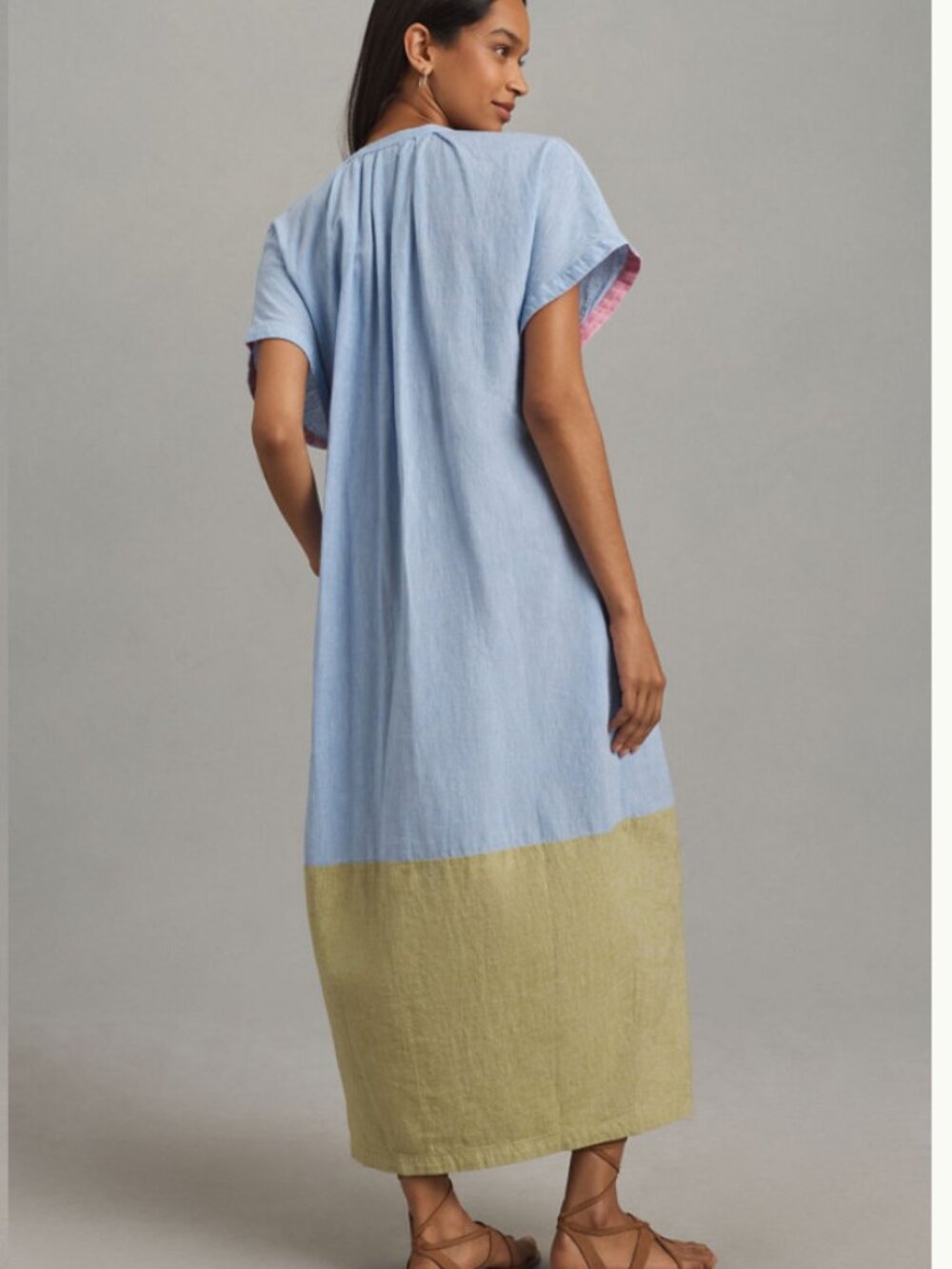 Anthropologie Linen Short Sleeve Maxi Dress Women's Large Blue Green Colorblock - Picture 2 of 16